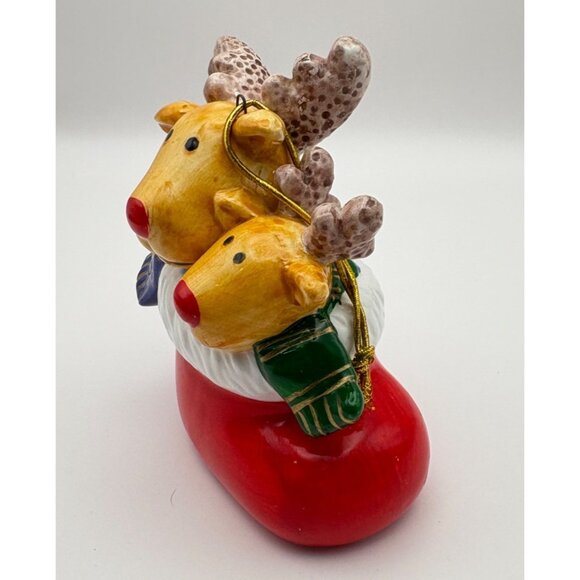 Vintage Reindeer in Stocking Christmas Tree Ornament Hand Painted Ceramic - Picture 4 of 7
